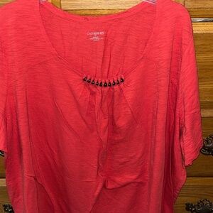 Catherine‘s plus size tangerine orange T-shirt with brown beaded detail